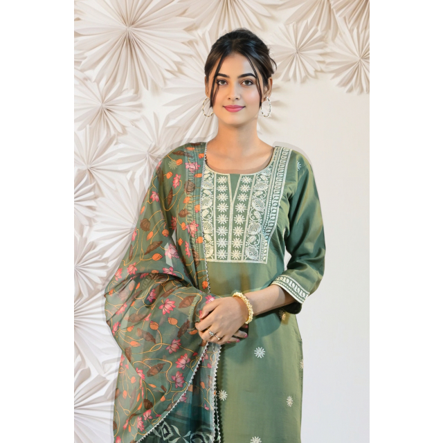 Chic Silk Kurta Set with Embroidered and Ethereal Dupatta