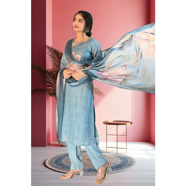 Cerulean Blue Cotton Printed Kurta Set