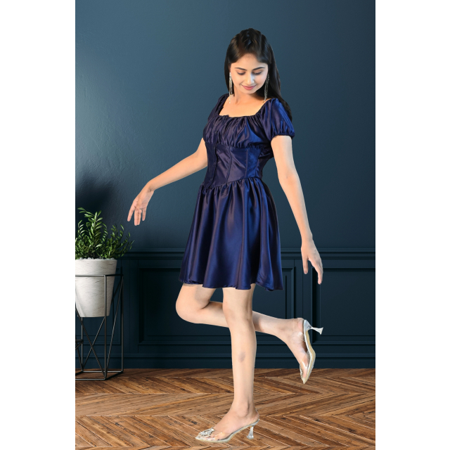 Chic Satin Navy Blue Dress with Puff Sleeves