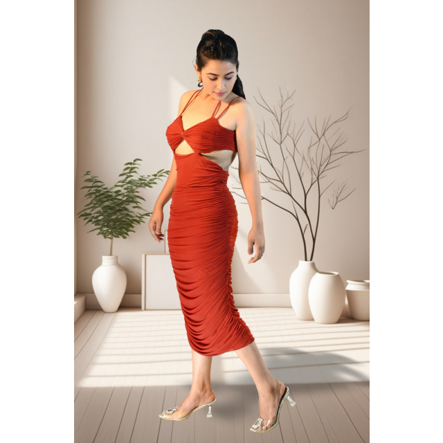 Sculpted Seduction Earthy Lycra Dress with Waist Detailing