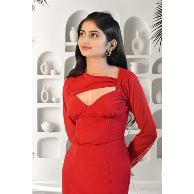 Scarlet Red Bodycon Dress with Mesh Lycra and Front Cut