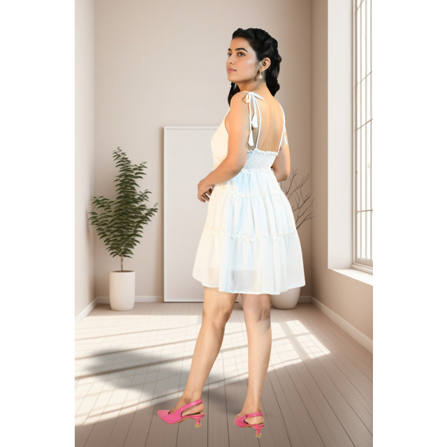 White Georgette Dress with Ruffle Tie Knot Shoulders