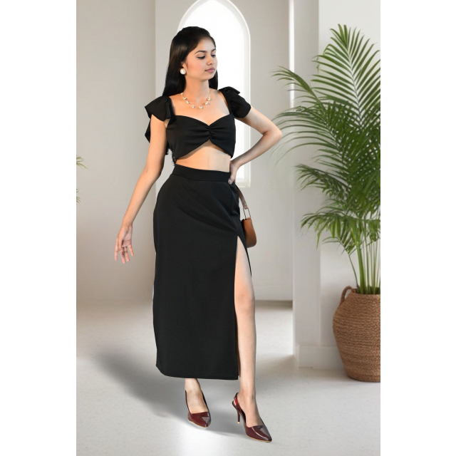 Chic Nylon Lycra Skirt with Frill Sleeve Blouse