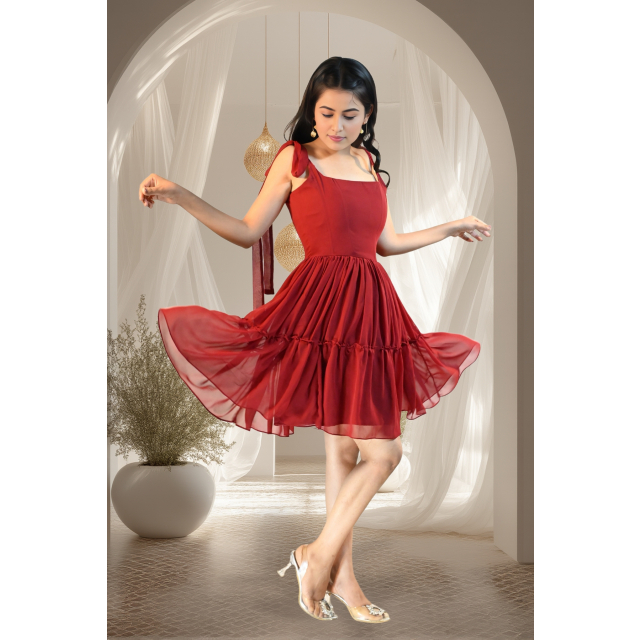 Maroon Magic - Tiered Georgette Flare Dress