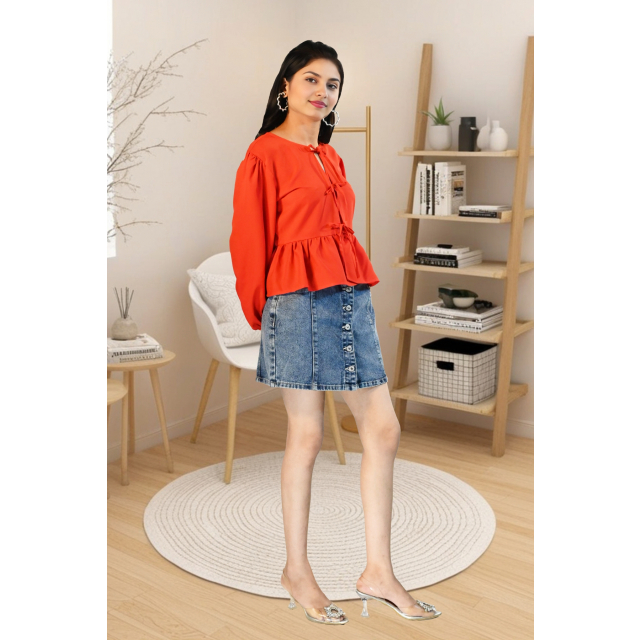 Boho Ember - Peplum Top with Tie Neck