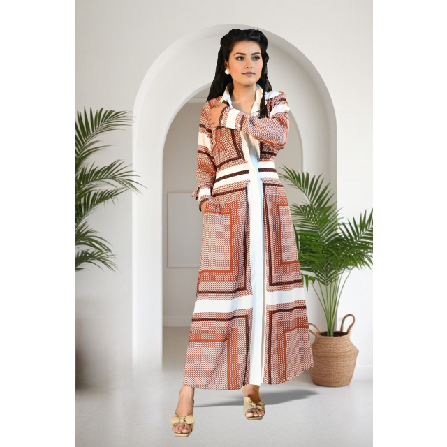 Chic Geometric High-Low Dress with Wrap Belt and Full Sleeves